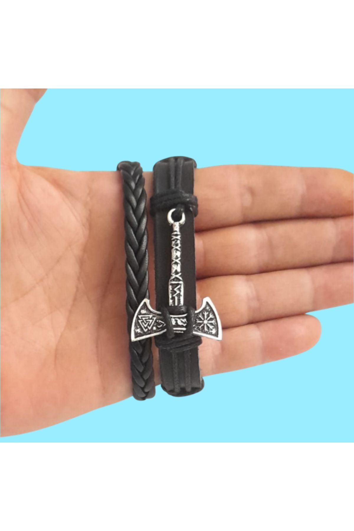 E&F Takı İSKANDİNAV VALKNUT BALTA TASARIM 2'Lİ HAKİKİ DERİ BİLEKLİK