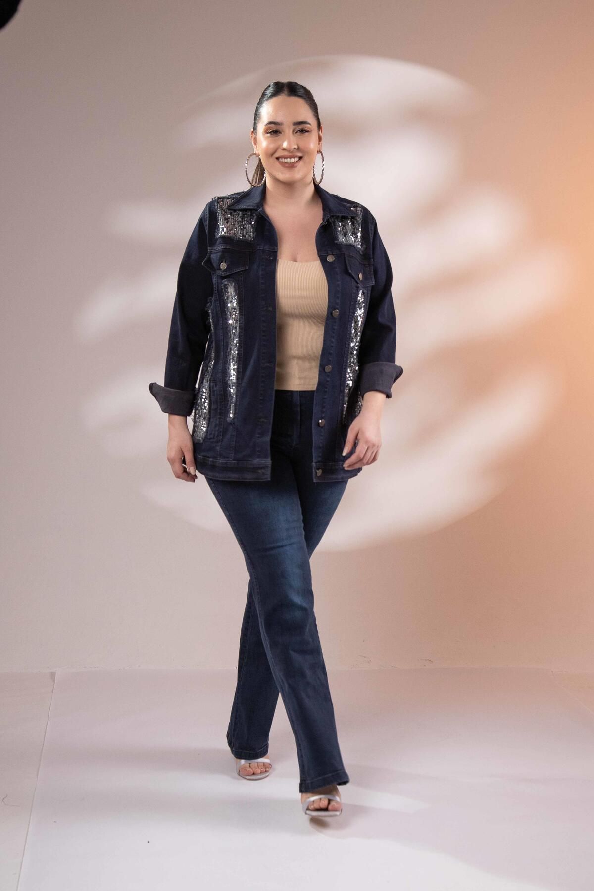 Roxxlen 122166 Pul Payetli Denim Ceket Lacivert