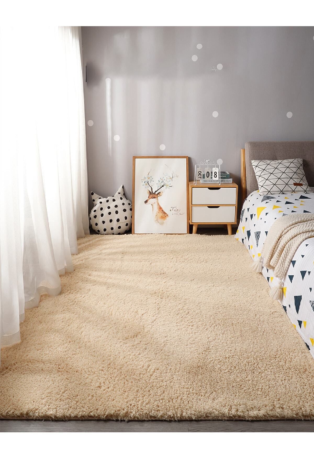 BSB HOME LİVİNG Puffy Bej Saçaksız Peluş Yumuşacık Yıkanabilir Kaymaz Taban Halı Salon,Oturma Odası,Mutfak