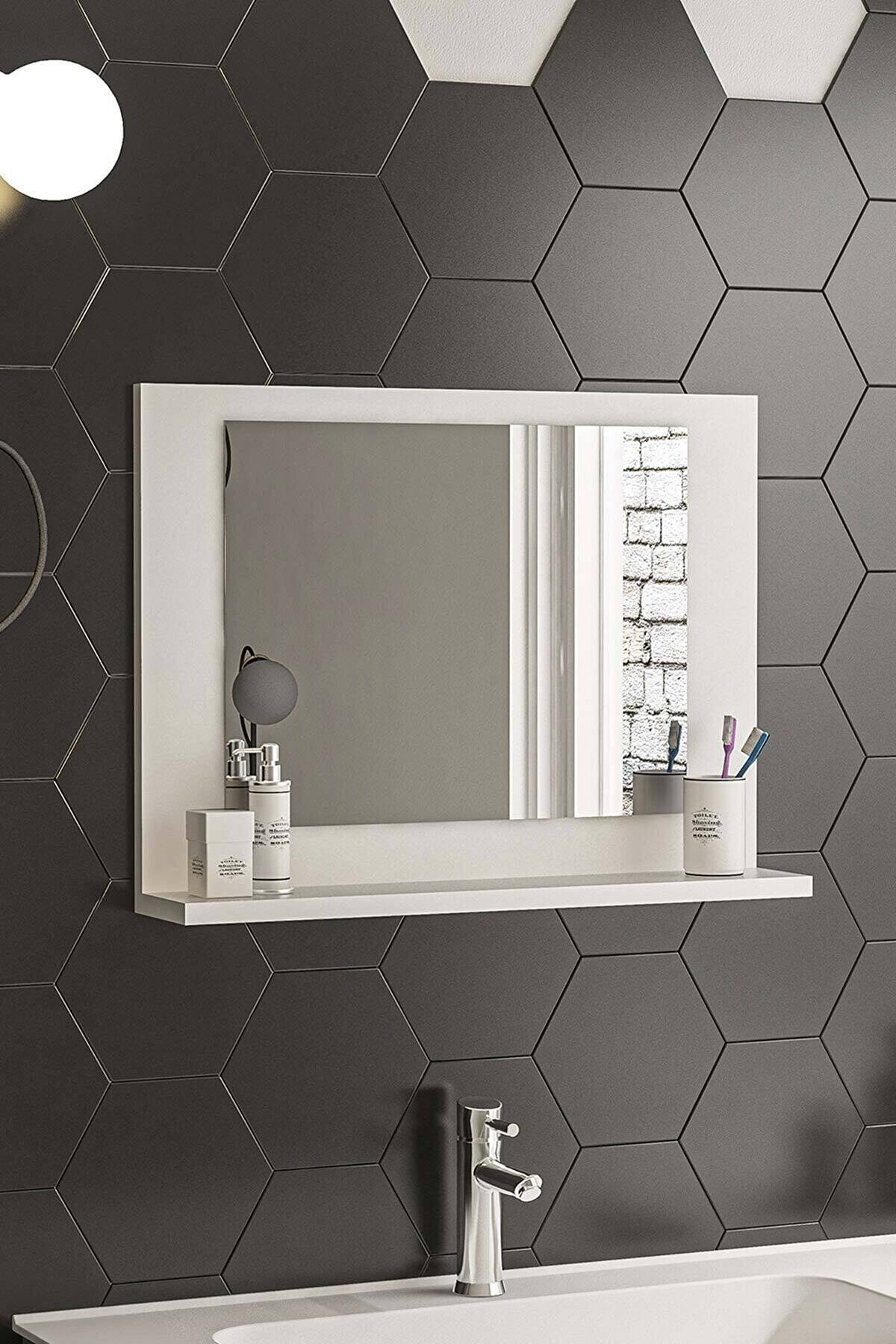 nysamo 60x45cm Beyaz Raflı Banyo Aynası Dresuar Salon Aynası