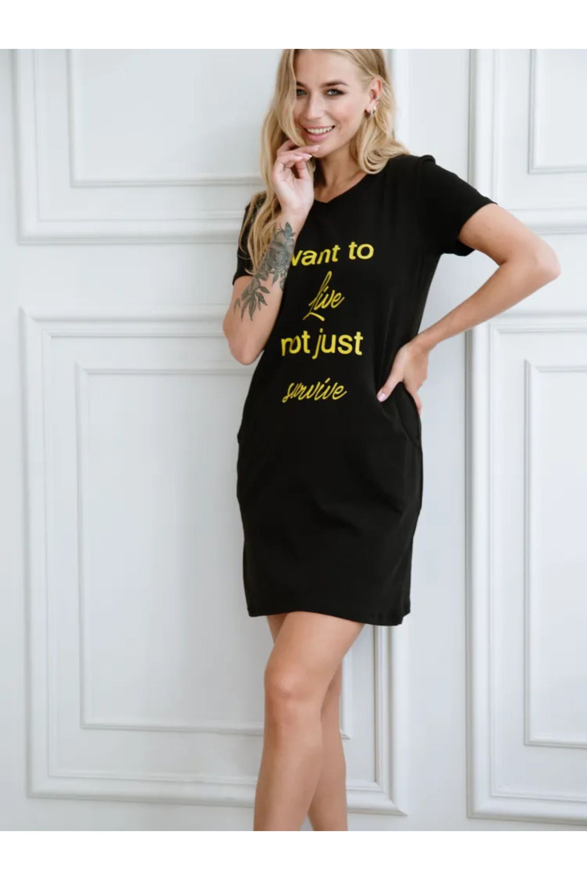 ELNOYA Unisex Pamuklu Siyah Oversize "I Want to Live" Baskılı Bisiklet Yaka Rahat T-shirt