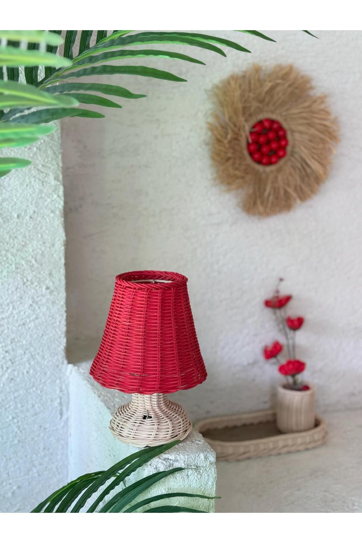 Maison Avf Kırmızı Rattan & Bambu Masa Üstü Kablosuz Pilli Abajur Alt- Üst Rattan Masa Lambası