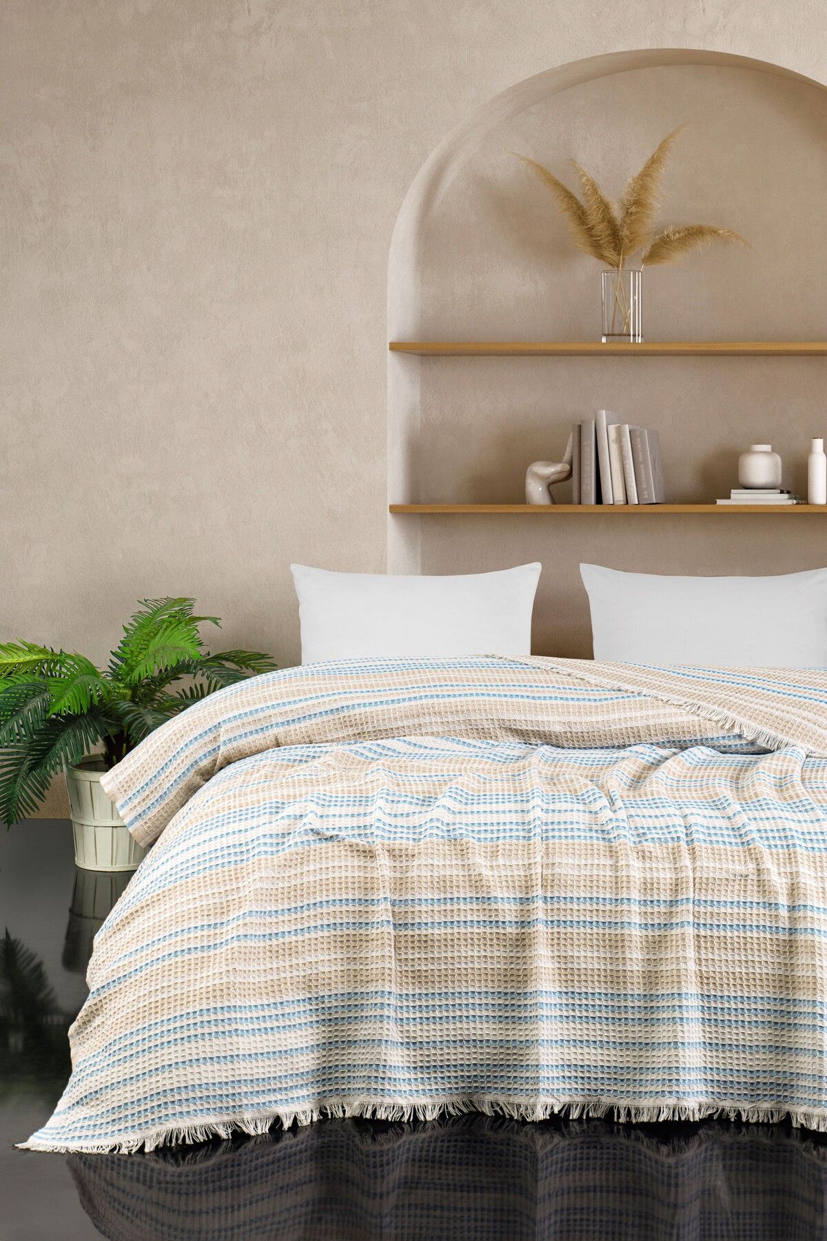 Rebeka Home Collection Ekose Güneş Bej - Mavi 170x210 Tek Kişilik Pike