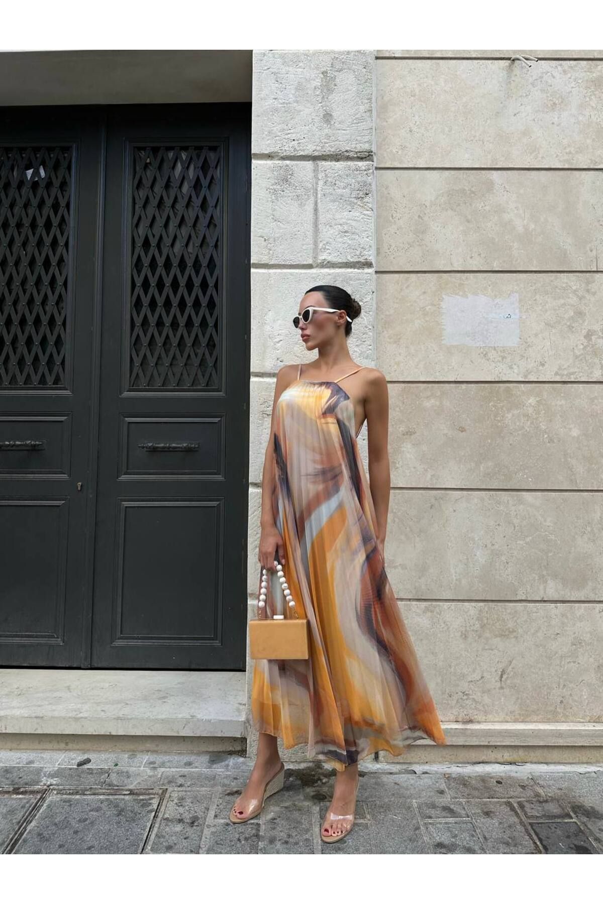 Hotfashion İnce Askılı Renk Geçişli Şifon Elbise