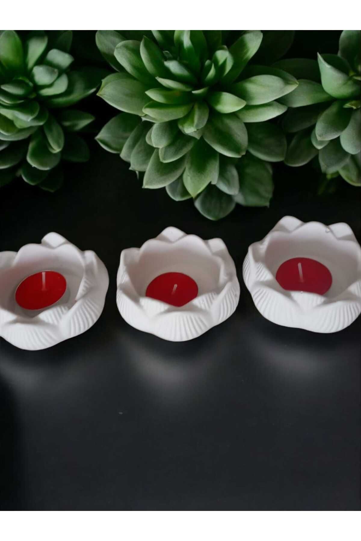 AYŞEM 3lü Lotus Alçı Mumluk,Dekoratif Mumluk