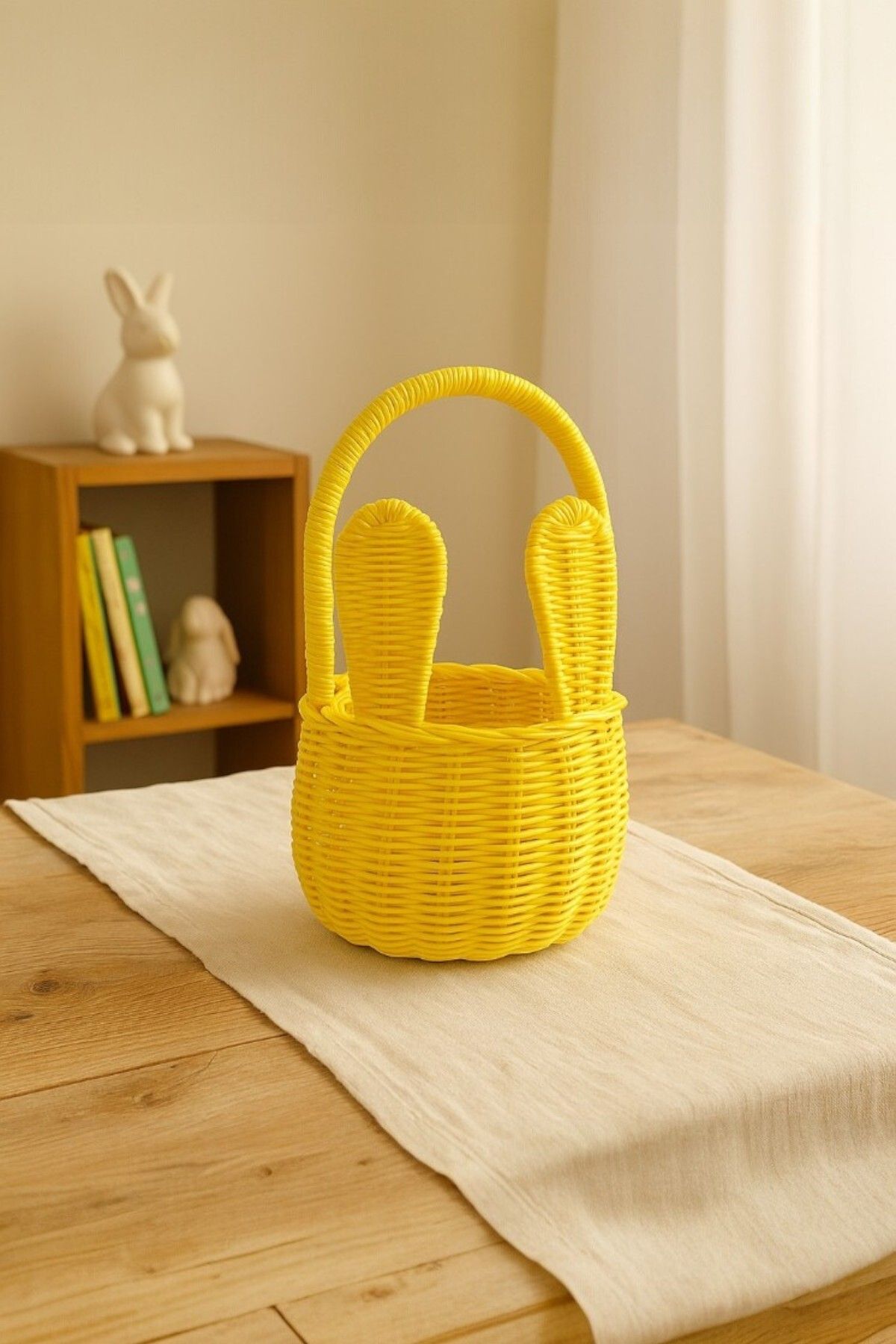 oceanpoint Sarı Rattan Tavşan Kulaklı Sepet, Dekoratif Organizer, El Yapımı Sepet, 15x15x28 cm