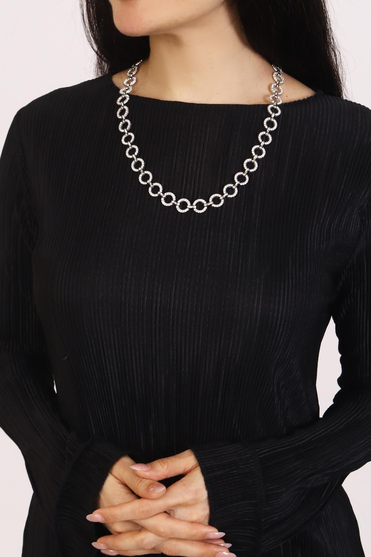 PİNKMARK PINKMARK KADIN GÜMÜŞ YUVARLAK DESENLİ KARARMAZ ZİRKON TAŞLI 65CM UZUNLUK ZAMAK KOLYE PMKLY25504