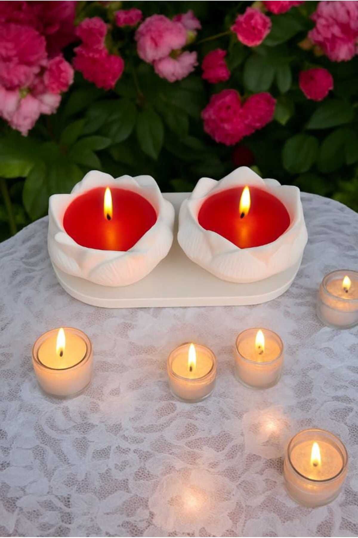 AYŞEM 2li Lotus Kırmızı Kokulu Mum,Stantlı Alçı Mumluk İçinde Kokulu Mum