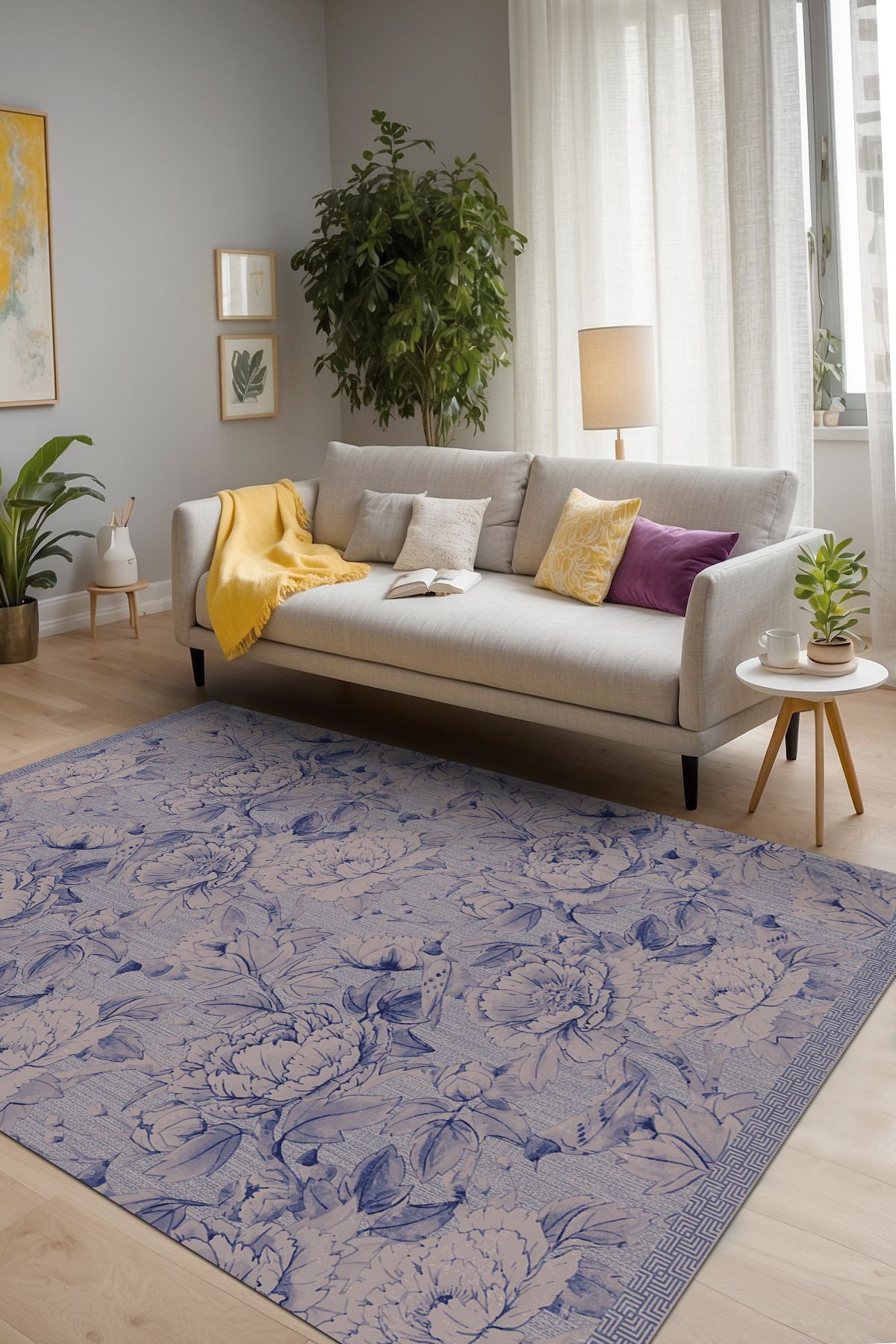 AIDA HOME Sunikas Floral Desenli Pamuk Tabanlı Yıkanabilen Kaydırmaz Antibakteriyel Şönil Salon Halısı