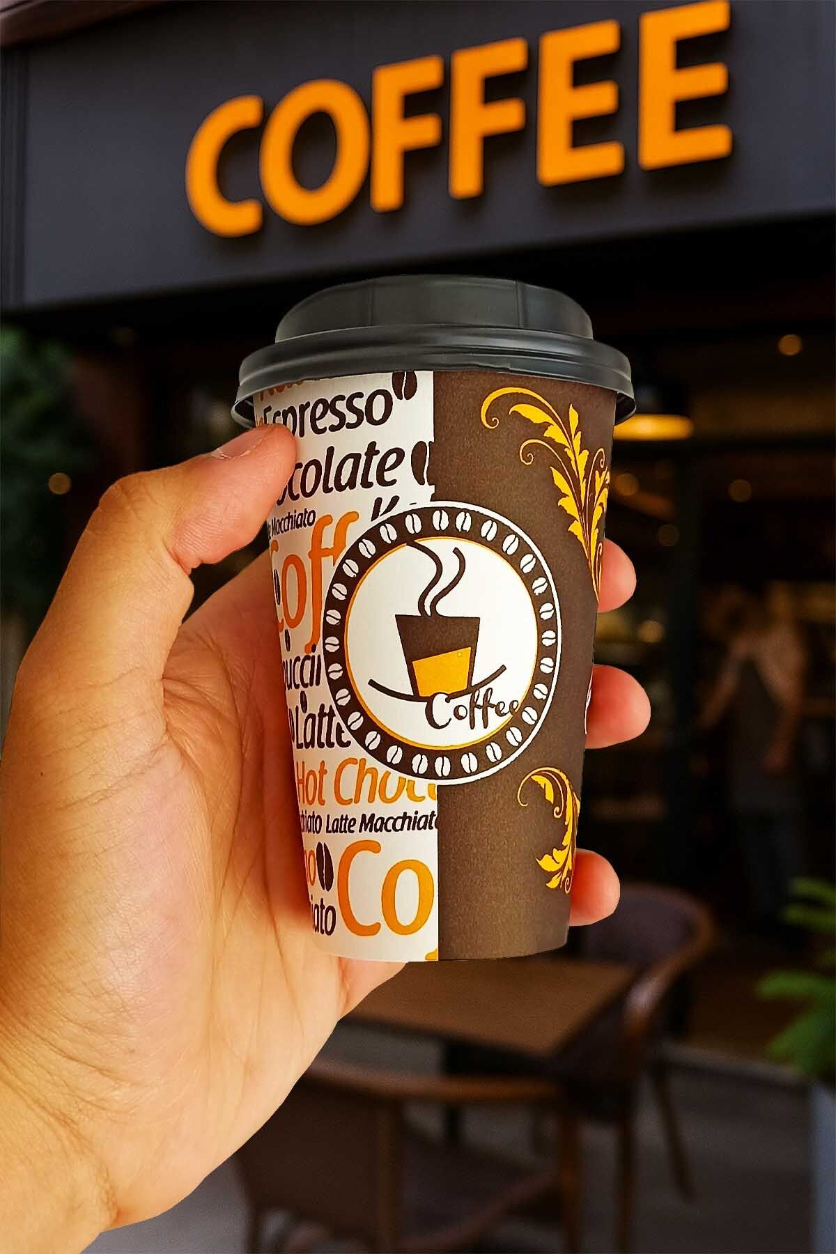 Afra Tedarik 300 ml Siyah Kapaklı Karton Bardak 12 oz Latte Kahve Kağıt Kaliteli Bardak 100'lü