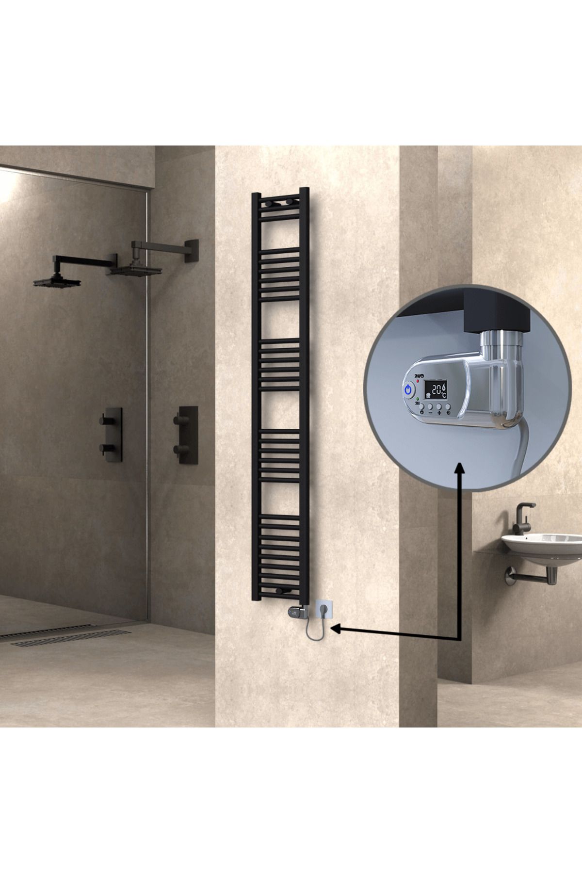 Radiva HAITI Elektirikli Havlupan 300x1800 Düz Siyah (Thesis Termostat) 600W