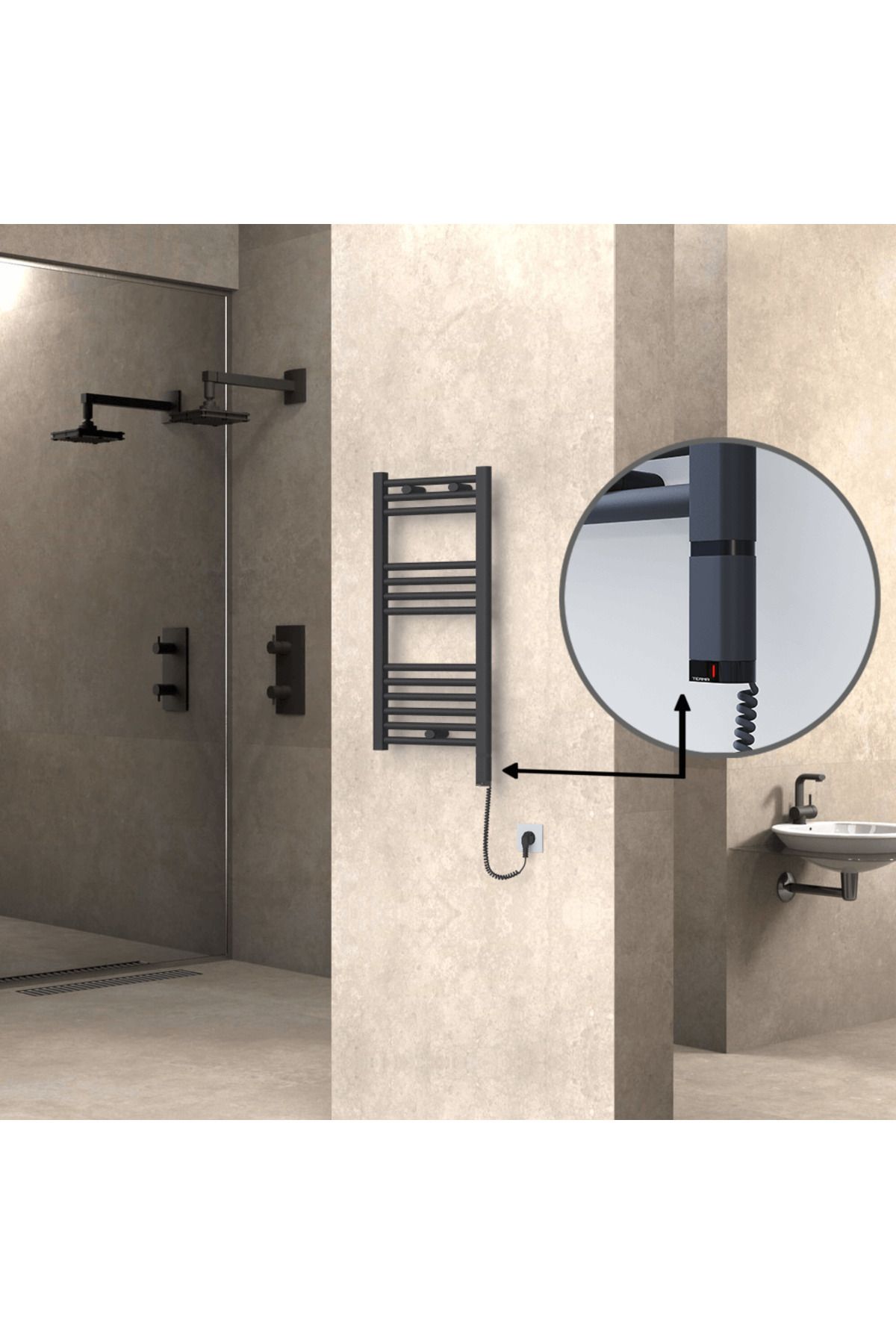Radiva HAITI Elektirikli Havlupan 400x800 Düz Antrasit (OneD OnOff ) Sağ 300W