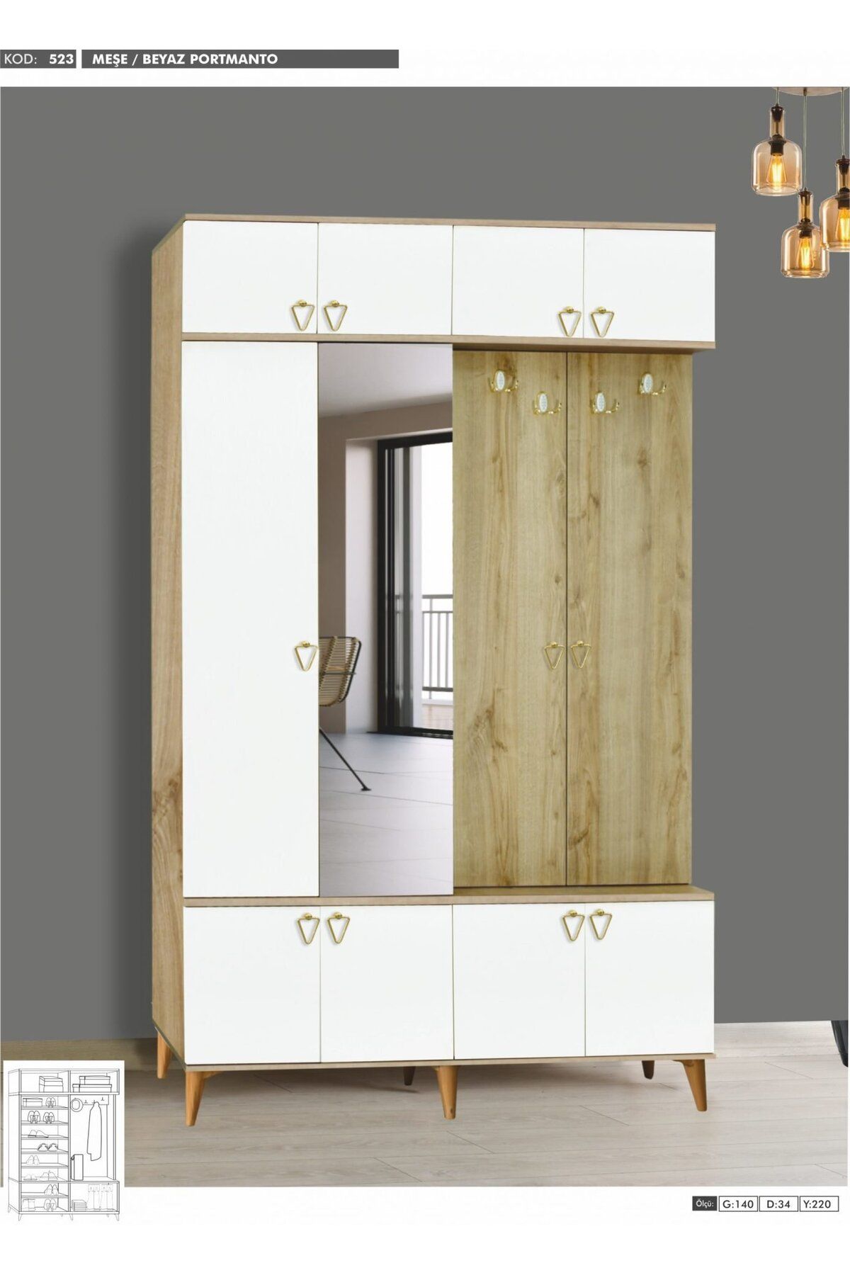 Yuvaset Home 11 Kapılı Aynalı Çam/Beyaz Yüklüklü Portmanto