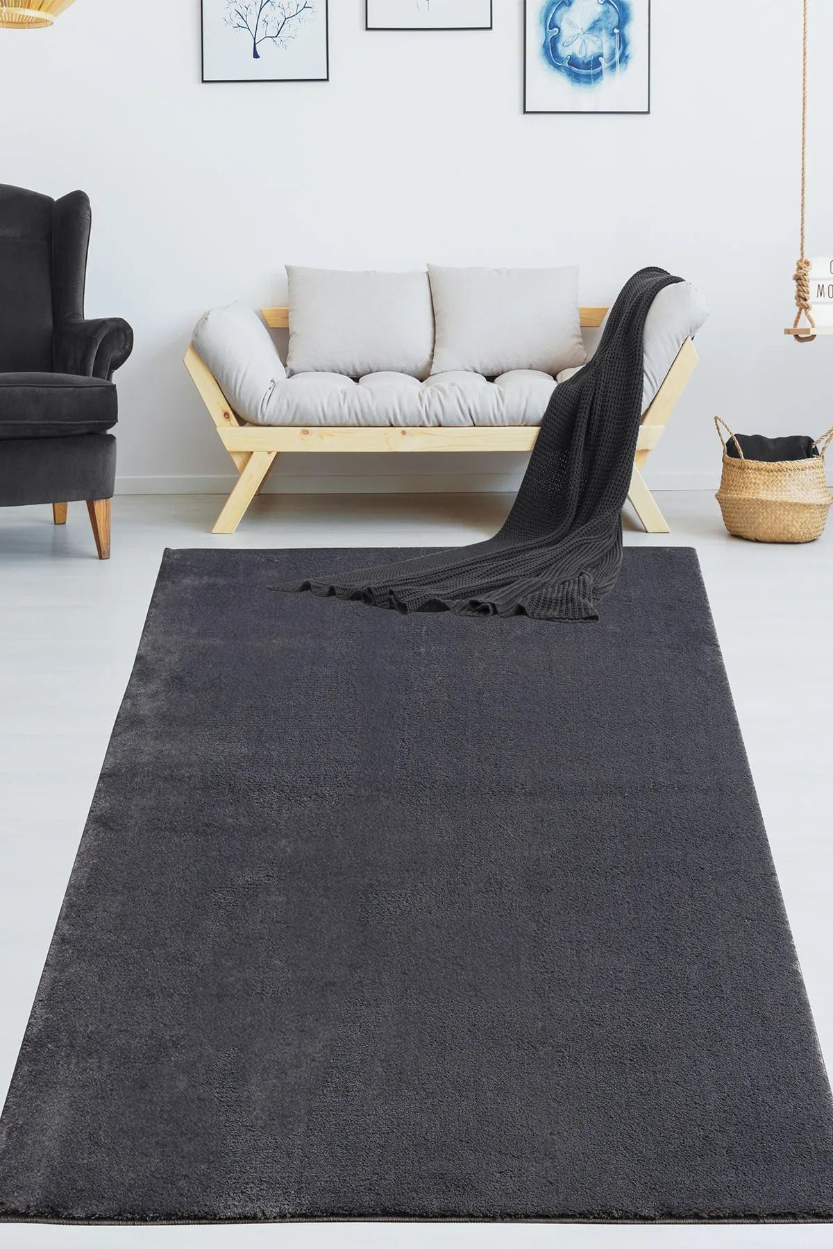BSB HOME LİVİNG Puffy Antrasit Saçaksız Peluş Yumuşacık Yıkanabilir Kaymaz Taban Halı Salon,Oturma Odası,Mutfak