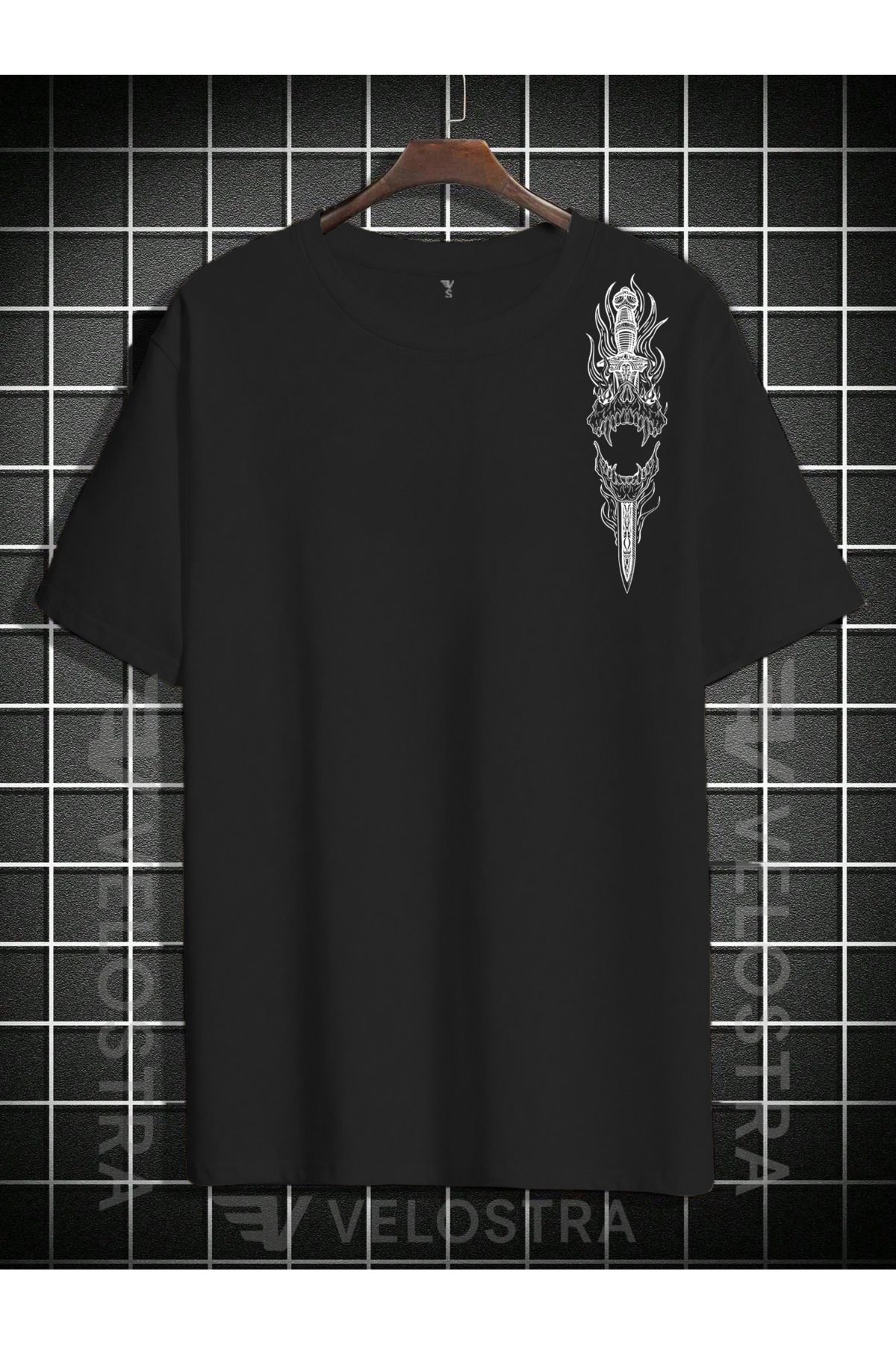 Velostra Unisex Gotik Tema Kılıç baskılı Oversize T-shirt