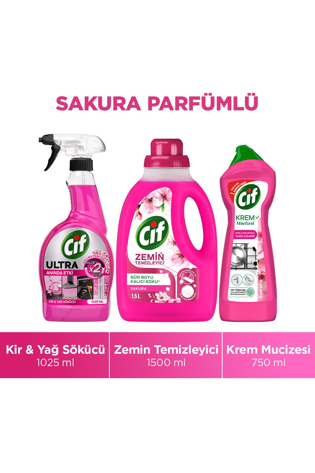 Cif Ultra Sprey Sakura Parfümlü 1025 ml x1 + Cif Krem Sakura Parfümlü 750 ml x1 + Cif GPC Sakura x1