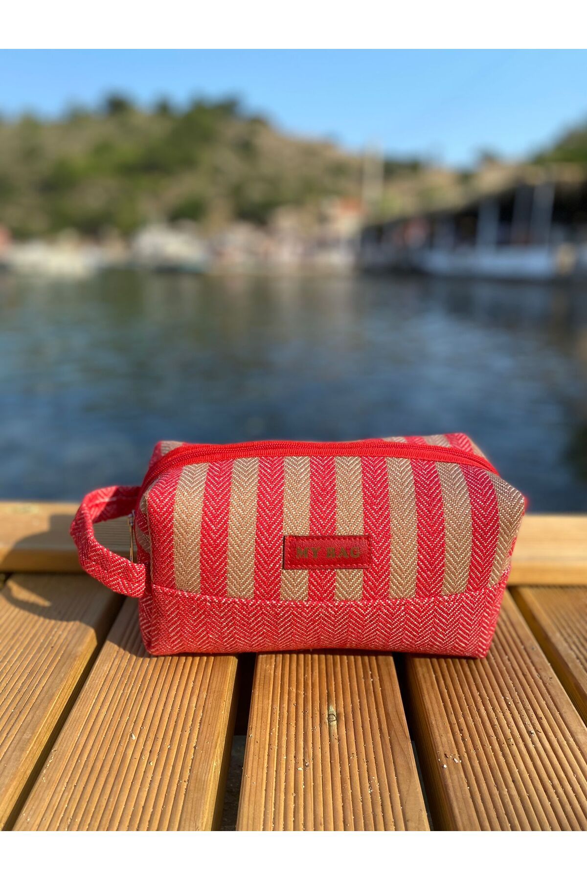 MY BAG ÇANTA Jüt-Hasır Kadın Omuz, Plaj ve Piknik Çantası, Çizgili Halat Askılı %100 Pamuk Dokuma