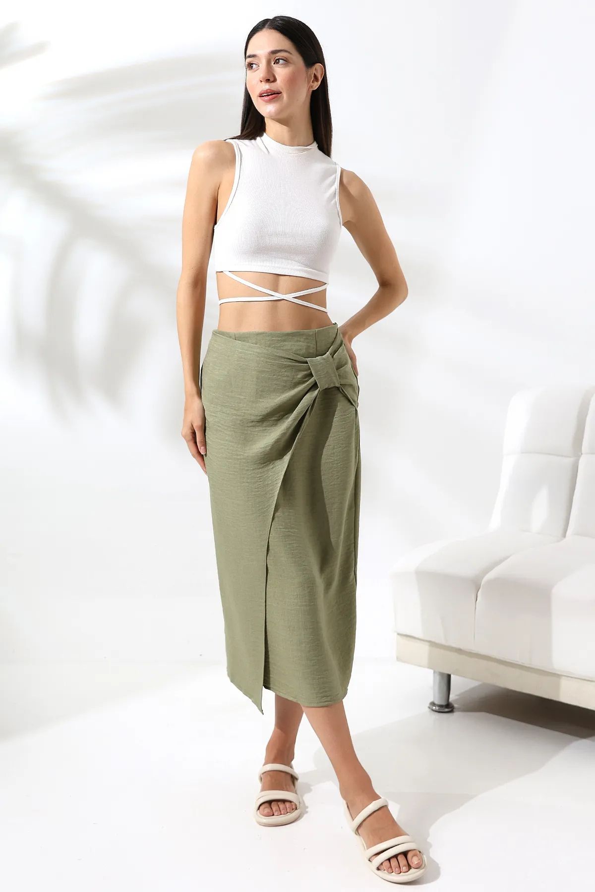 MODA Kadın Drape Detaylı Fermuarlı Yazlık Keten Etek