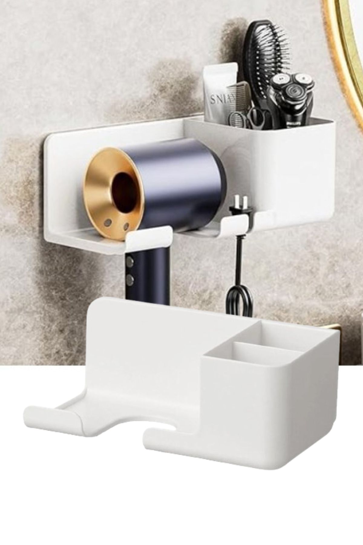 Ecuy Banyo Rafı Sabunluk Diş Fırçası Saç Kurutma Makinesi Organizer – Duvara Monte, Beyaz Renk