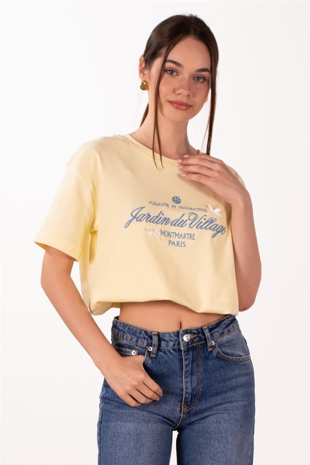 BARRELS AND OIL Önü Yazılı Kurdele Detaylı T-Shirt - Sarı