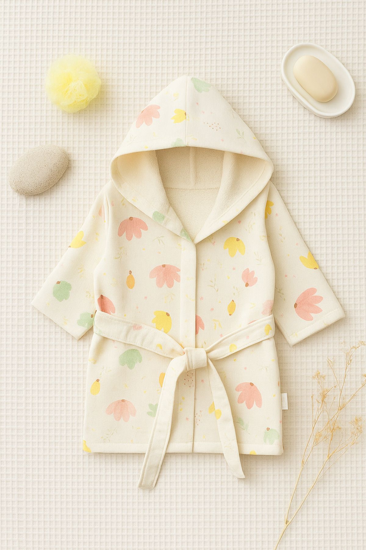 Bebitof Pastel Çiçekli Bornoz – Yumuşak Pamuklu Kumaş, 0-2 Yaş Bebekler İçin