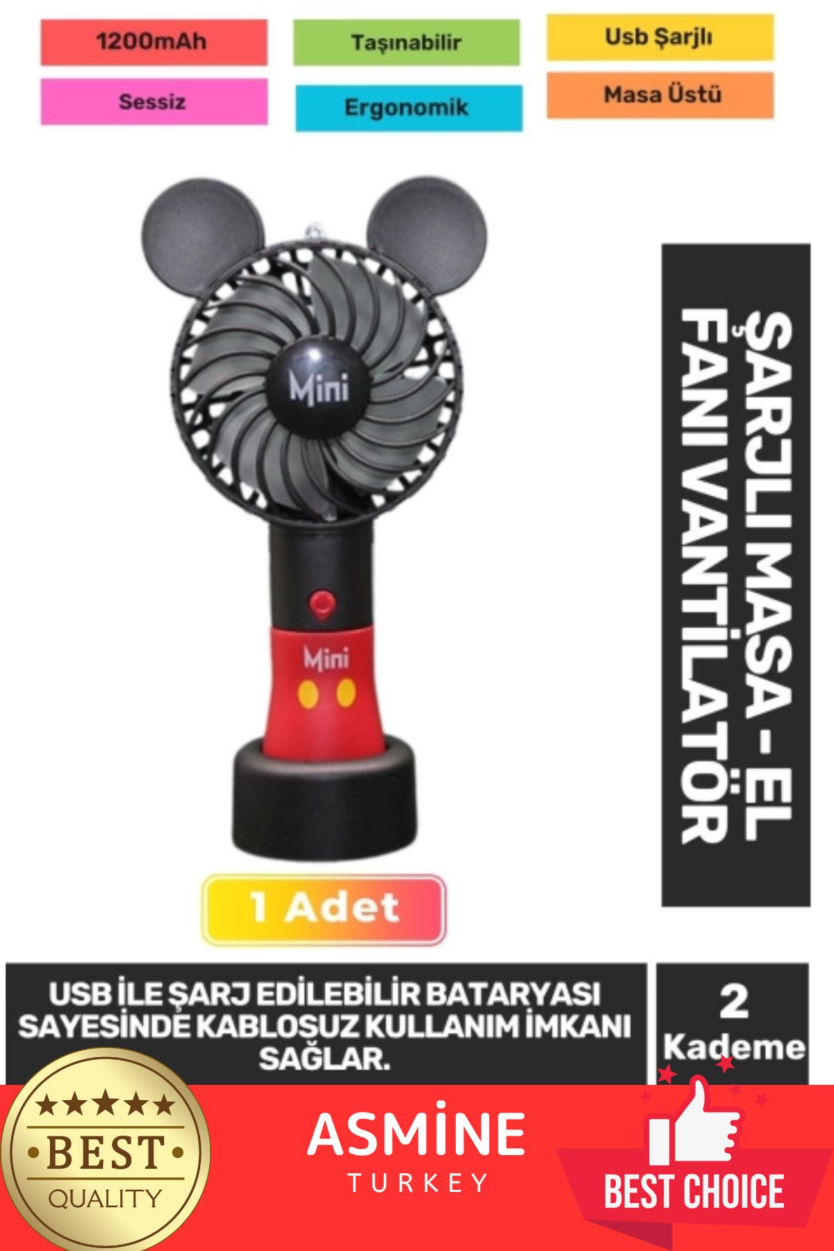 Örensa Sessiz 2 Kademeli Hafif Kablosuz 1200mAh Pervaneli Taşınabilir Usb Şarjlı Masa El Fanı Vantilatör