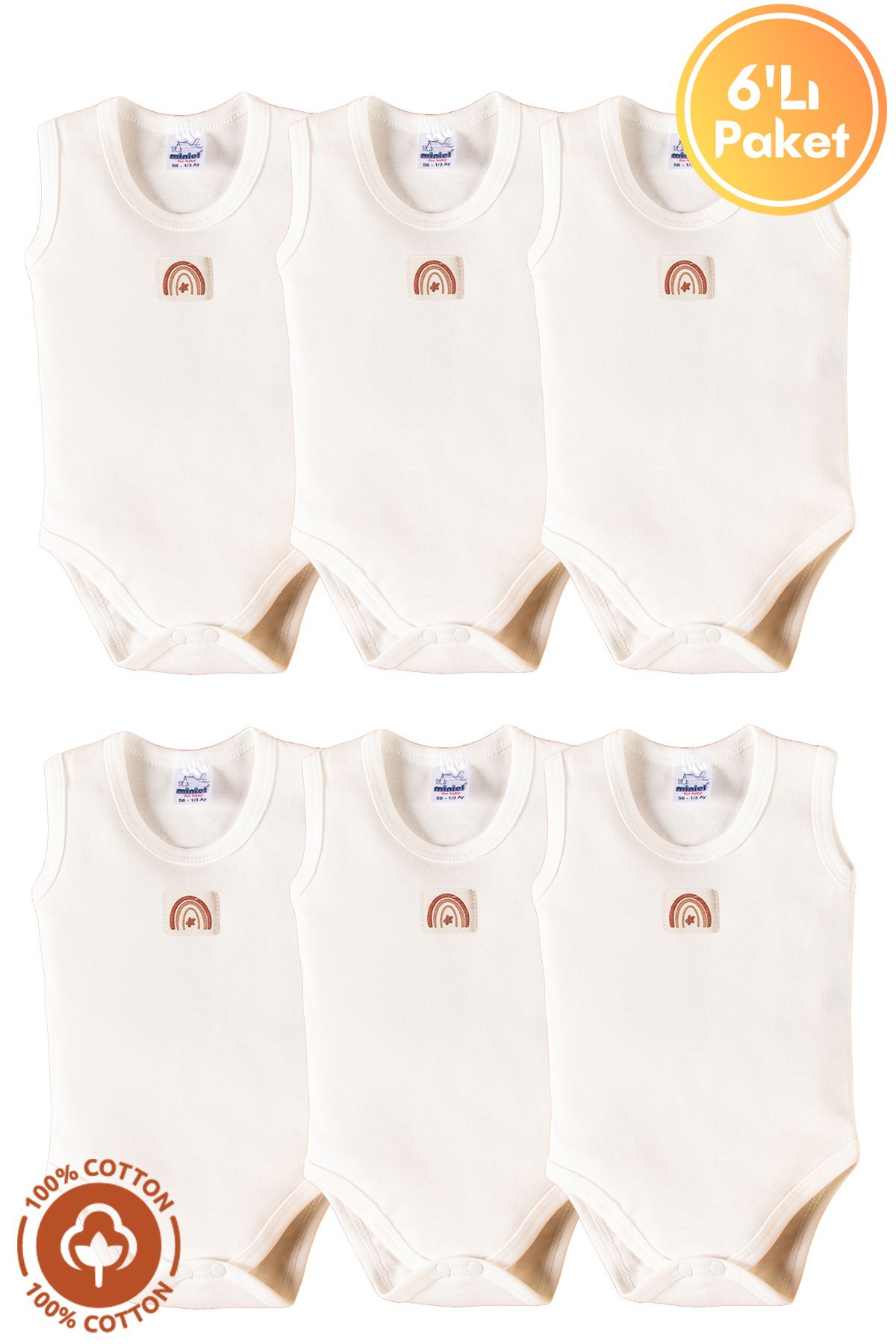 miniel organic Unisex Bebek %100 Organik Pamuklu Etiketli 3-6-9-12 Ay 6Lı Kolsuz Atlet Bebek Body Zıbın Set