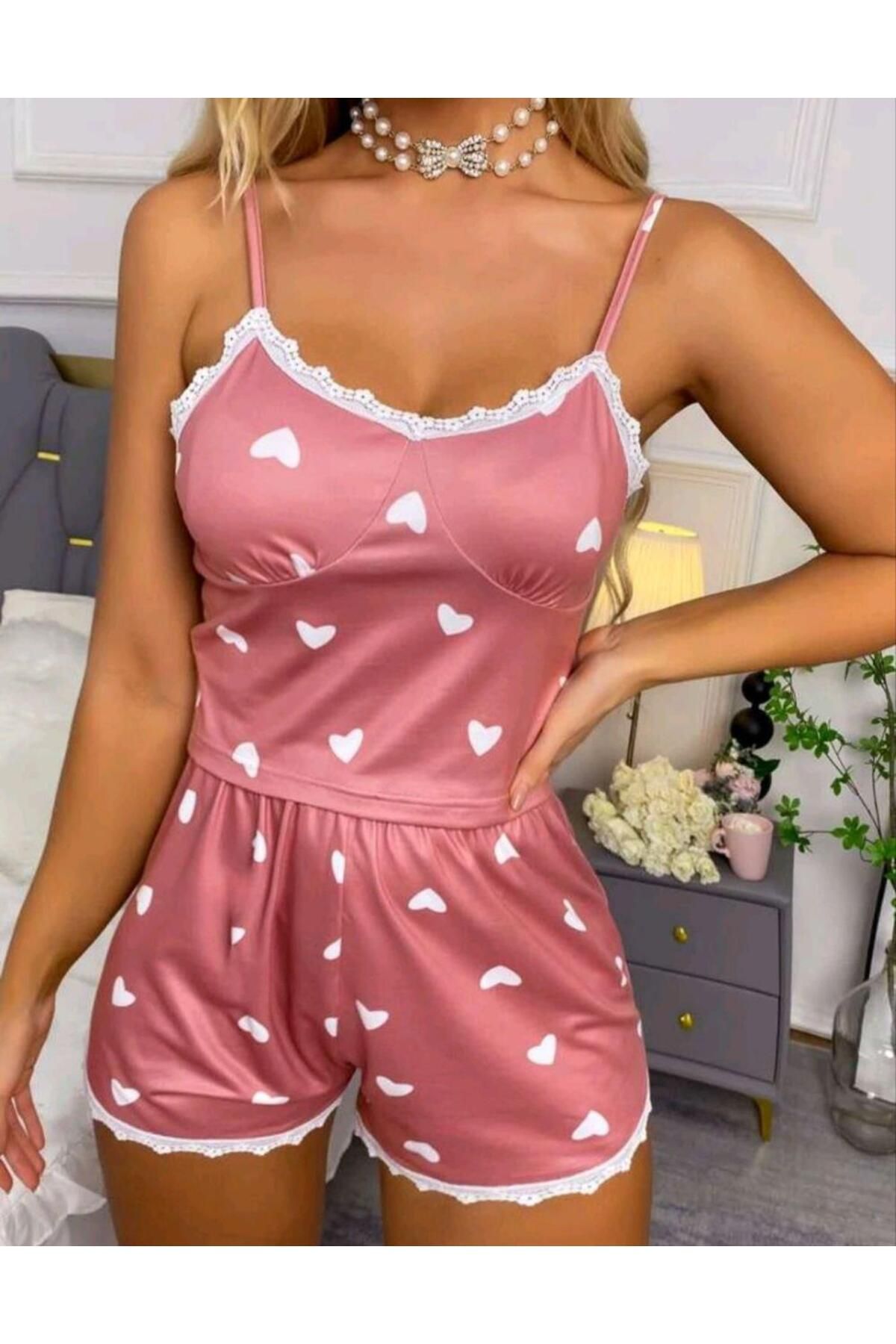 Fantazya Kadın Pudra Kalp Desenli Seksi Gecelik Takım 6641