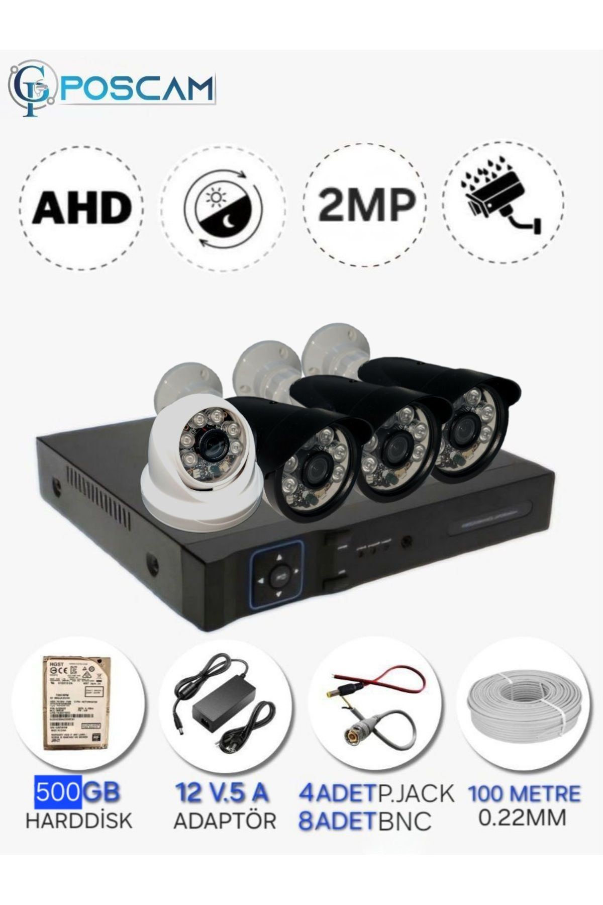 POSCAM 4 KAMERALI SET - 2MP 1080P Full HD AHD, Gece Görüşlü, IP66 Su Geçirmez 3 Bullet 1 Dome