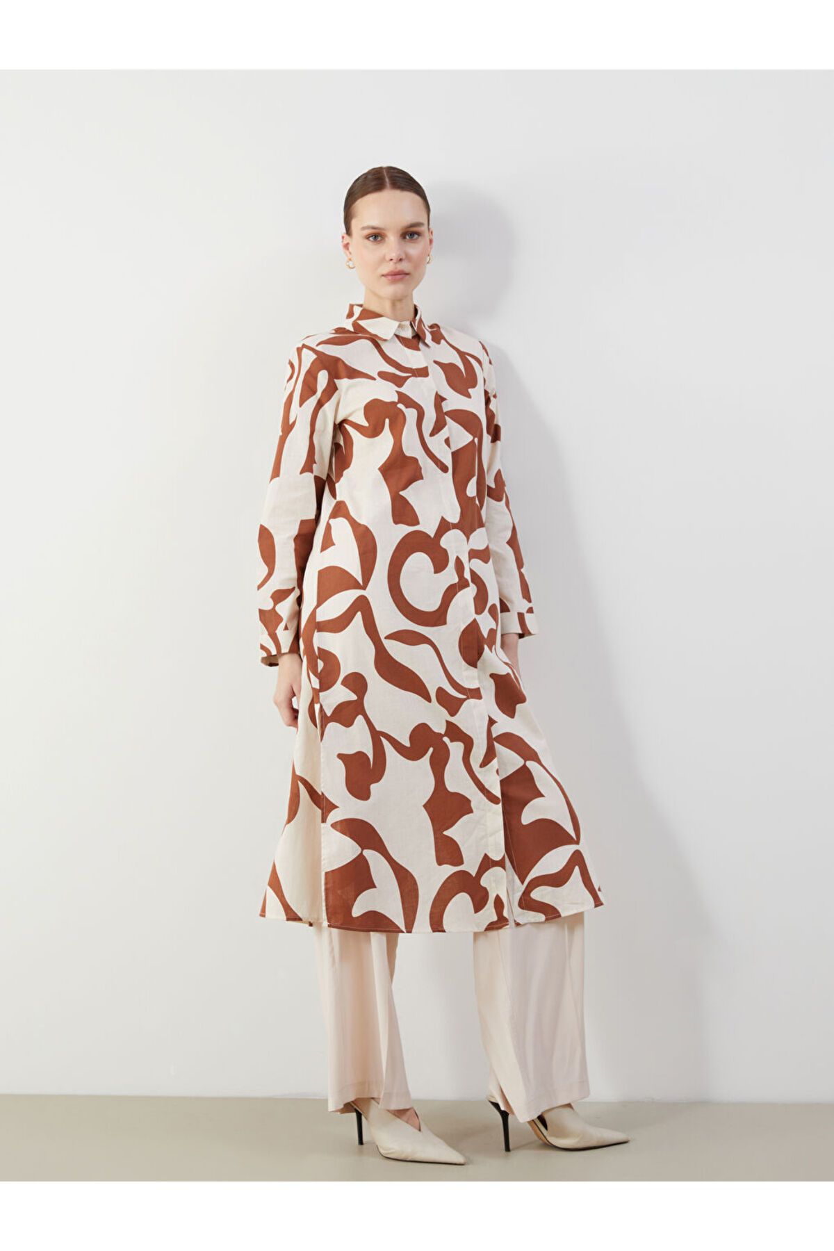 LC Waikiki LCW Modest Kahverengi Desenli Kadın Gömlek Tunik S5MI10Z8NVY25