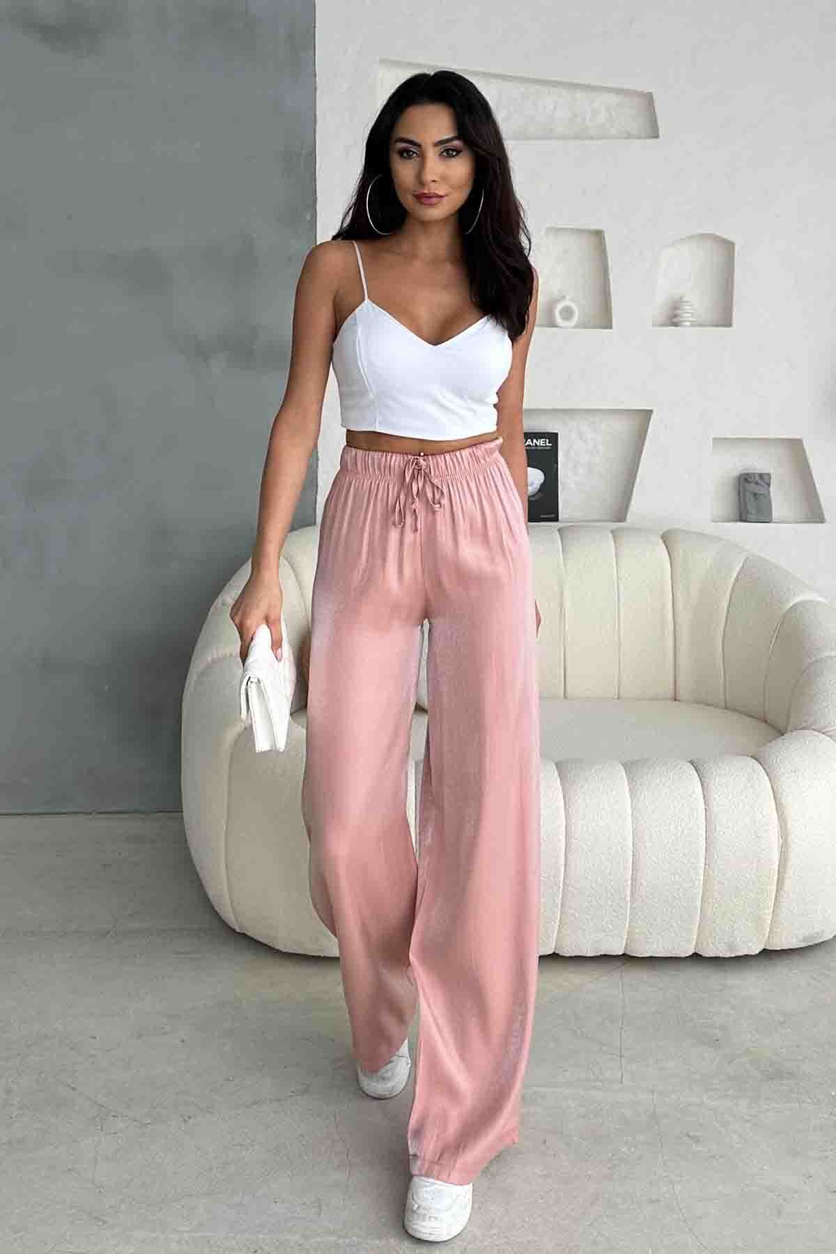 Cappmoda PNT-07395 Pudra Saten Kumaş Bel Lastikli Palazzo Pantolon