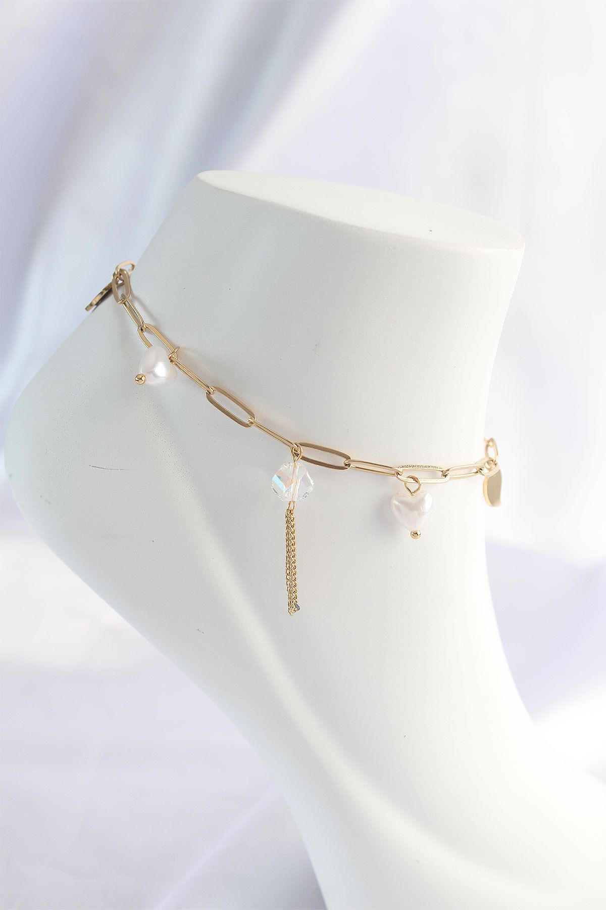 MR RZN STORE 316L Çelik Gold Renk Kalp Detaylı Sallantılı Halhal