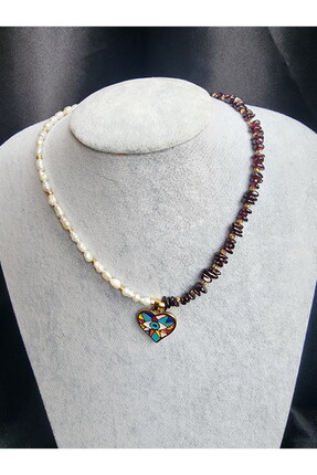 AYDOTA İnci Lal Doğaltaş Kalp Tarz Kolye