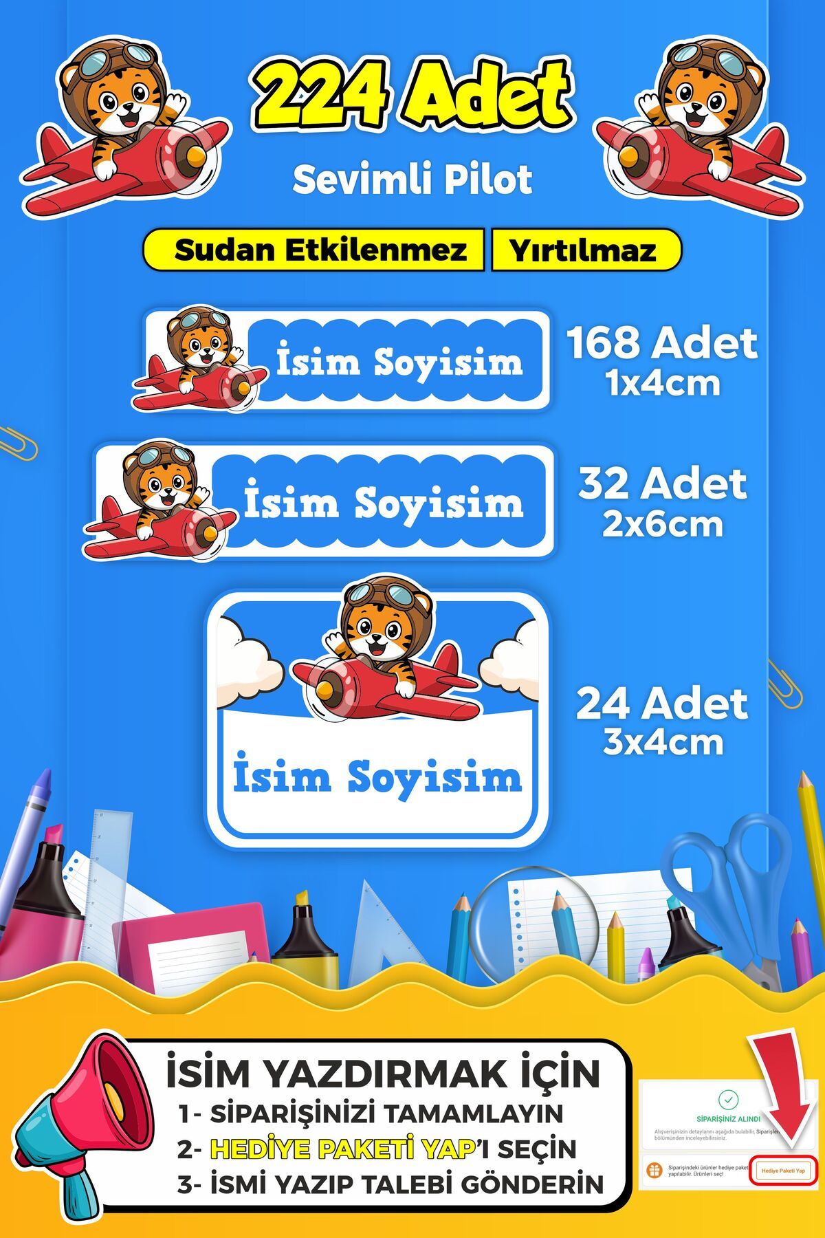 SB store Sevimli Pilot Temalı Okul Kreş Kişiye Özel İsim Etiket Seti - Model 338