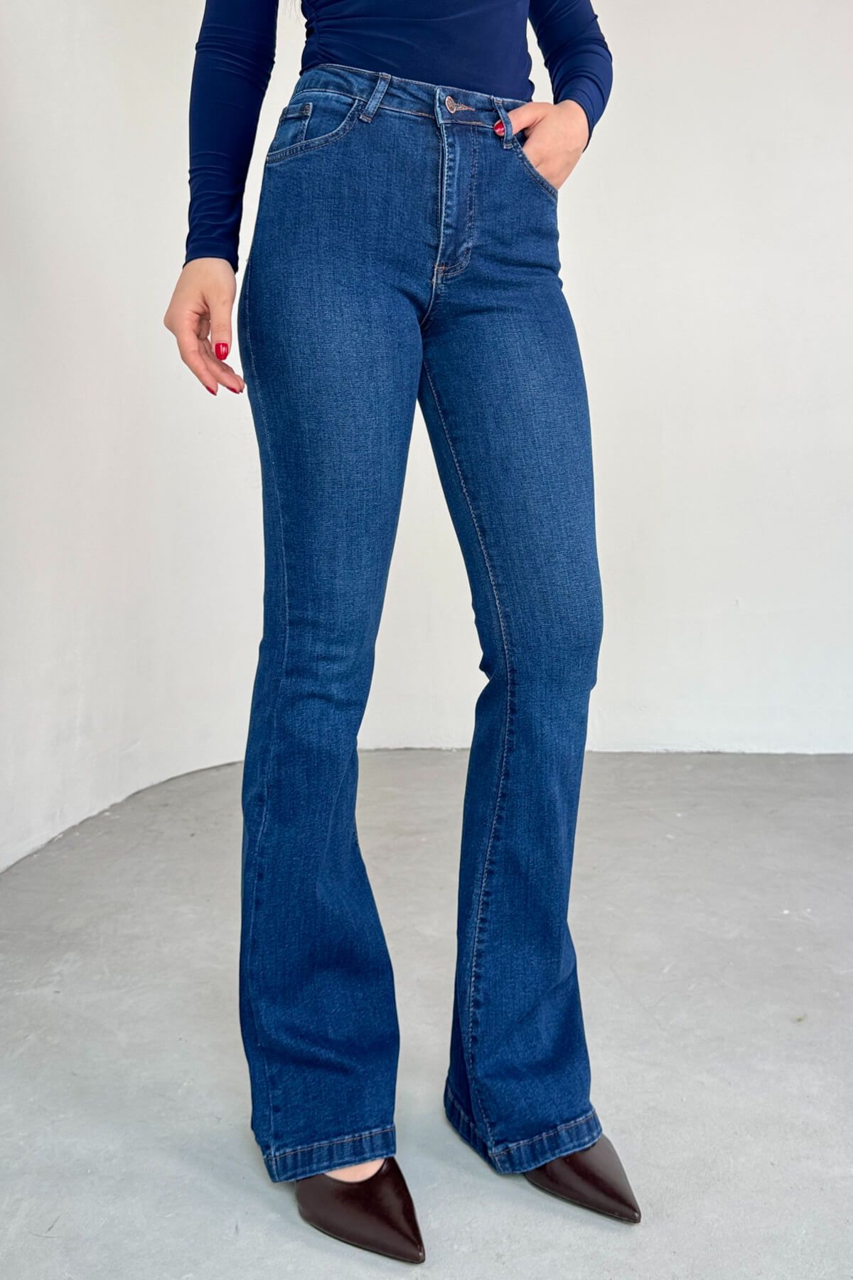 Cappmoda JEAN-08125 Koyu Mavi Yüksek Bel Likralı İspanyol Jean