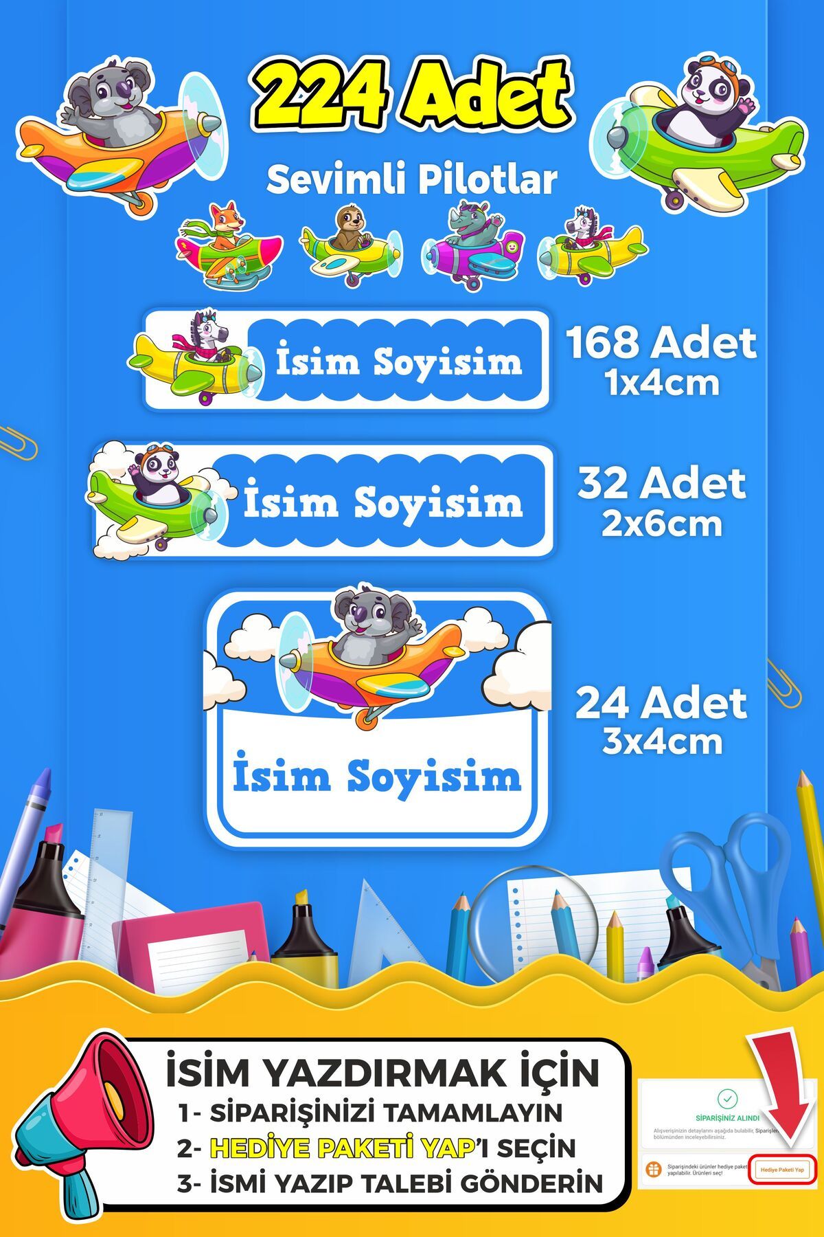 SB store Sevimli Pilot Temalı Okul Kreş Kişiye Özel İsim Etiket Seti - Model 336
