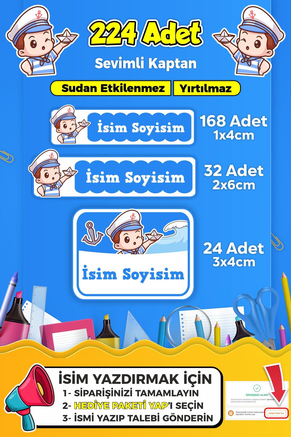 SB store Sevimli Kaptan Temalı Okul Kreş Kişiye Özel İsim Etiket Seti - Model 331