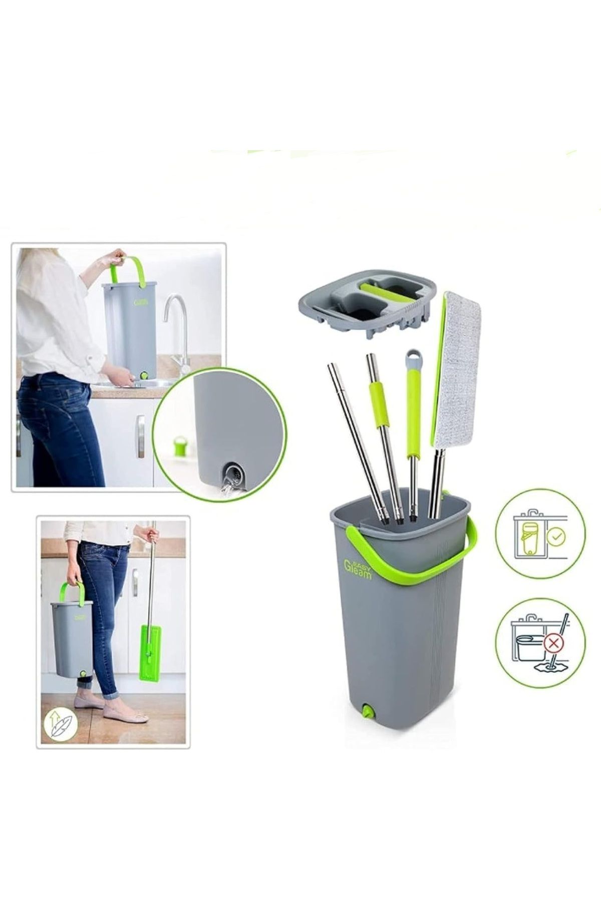 Easy Gleam-Set mop și găleată, mop plat, mâner din oțel inoxidabil, găleată cu două compartimente pentru utilizare umedă și uscată, 1 buc. de rezervă 7