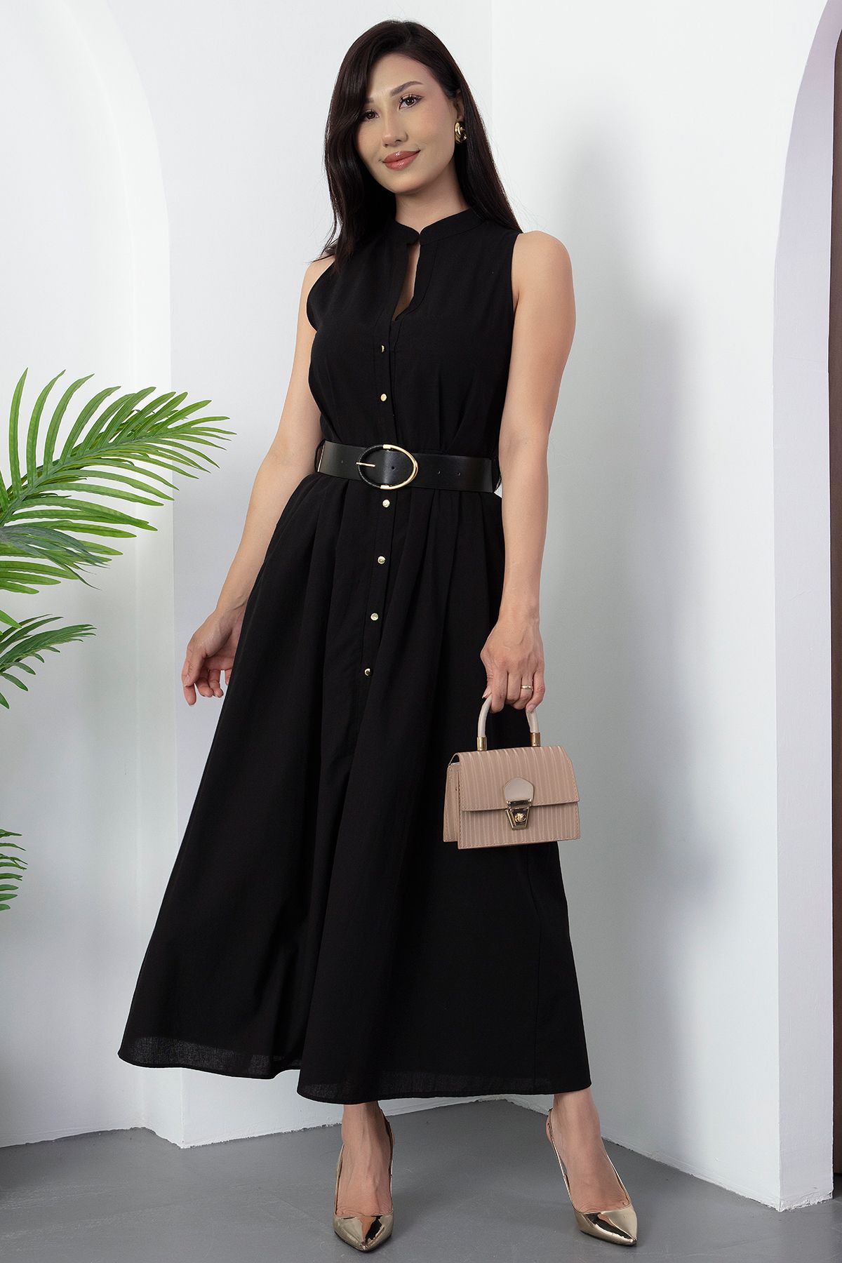 PULLIMM-Rochie de damă cu curea din piele cu nasturi GRS3747 6