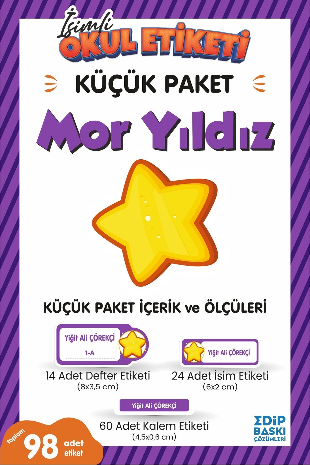 EDİP BASKI MERKEZİ İsimli okul etiketi MOR YILDIZ Defter, kitap ve kalem etiketi Küçük Paket