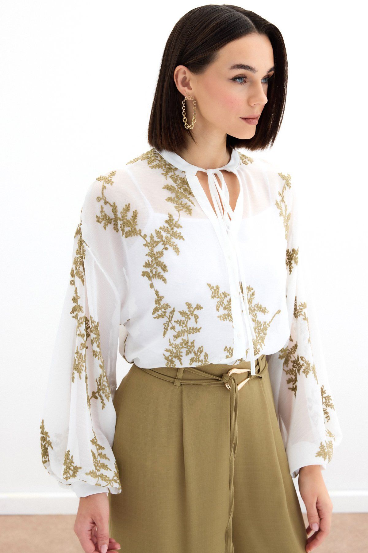 Sateen Nakışlı Şifon Gömlek - Haki