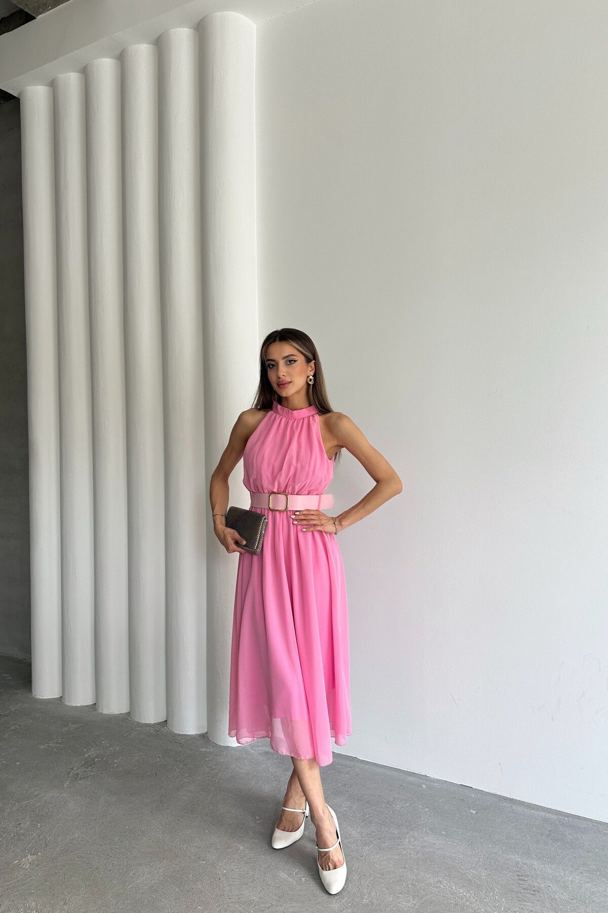 MAT Collection Kadın Pembe Halter Yaka Astarlı Kemerli Elbise