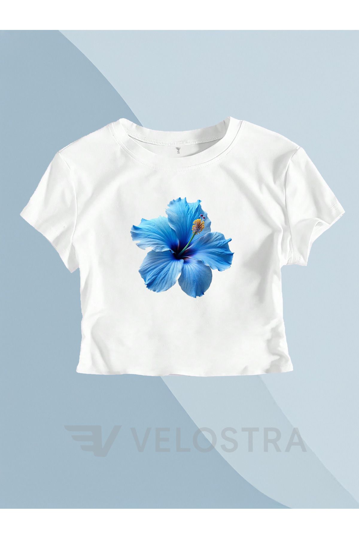 Velostra Kadın Mavi Çiçek Baskılı Tee Crop