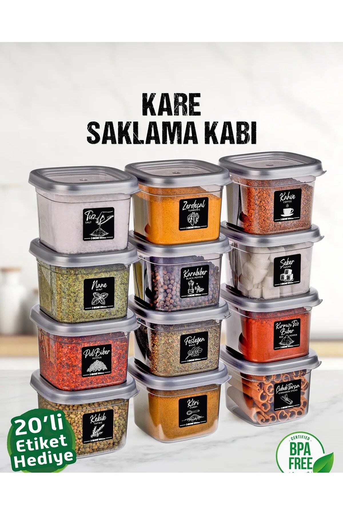 Guria Store 12 ADET 24 PARÇA 550 ml KAHVALTILIK ERZAK SAKLAMA KABI BAHARATLIK SETİ 20 ETİKET HEDİYELİ