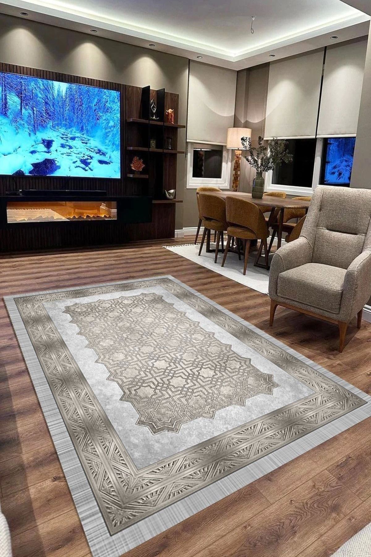 aradimtaradim Makinede Yıkanabilir Leke Tutmaz Bej-gri Pvc Deri Kaymaz Taban Modern Salon Saçaksız Halı B1329