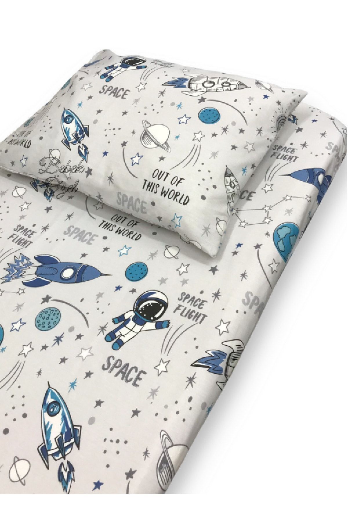 Bebek Özel %100 Pamuklu Bebek Ve Çocuk Lastikli Çarşaf Ve Yastık Kılıfı 60x120 Uzay Astronot