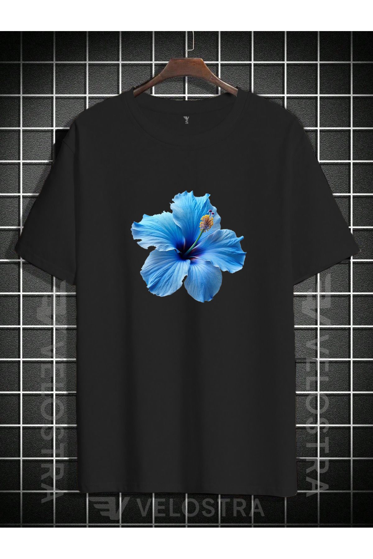 Velostra Unisex Mavi Çiçek baskılı Oversize T-shirt