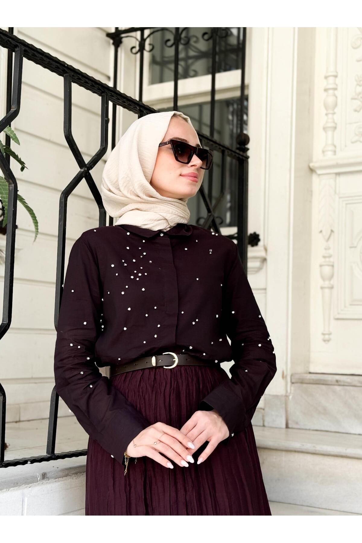 MERVE KAYKISIZ Zirkon Taşlı Gömlek Bordo