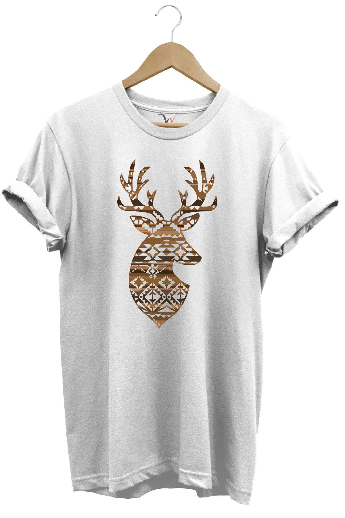 WİDİ Avcılık Mozaik Desenli Geyik Tasarım Baskılı %100 Pamuk Regular Fit Bisiklet Yaka Premium T-Shirt