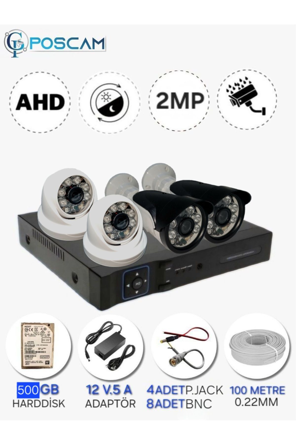 POSCAM 4 KAMERALI SET - 2MP 1080P Full HD AHD, Gece Görüşlü, IP66 Su Geçirmez 2 Bullet 2 Dome
